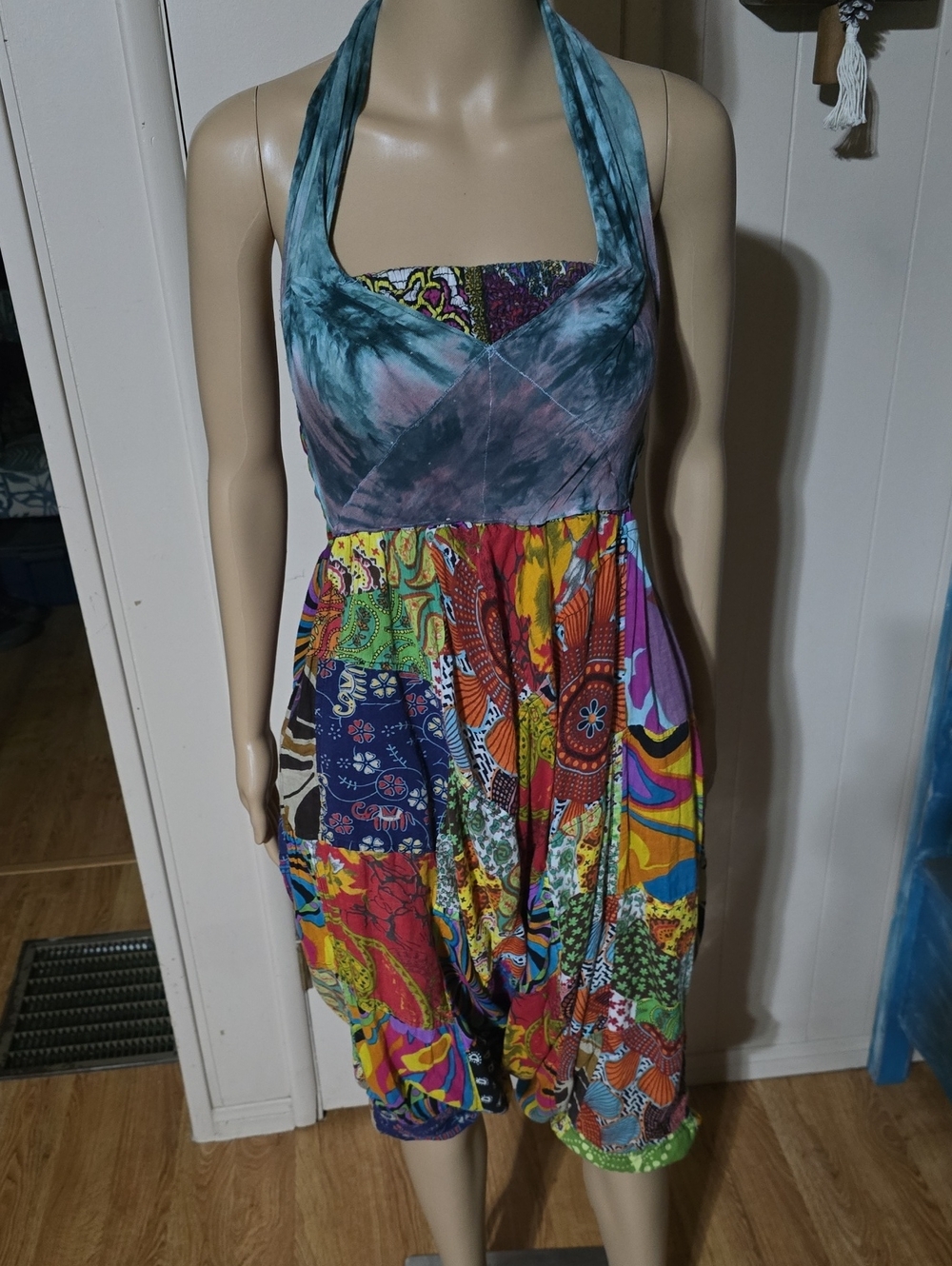 Boho Patchwork Halter Jumpsuit in Teal & Multi